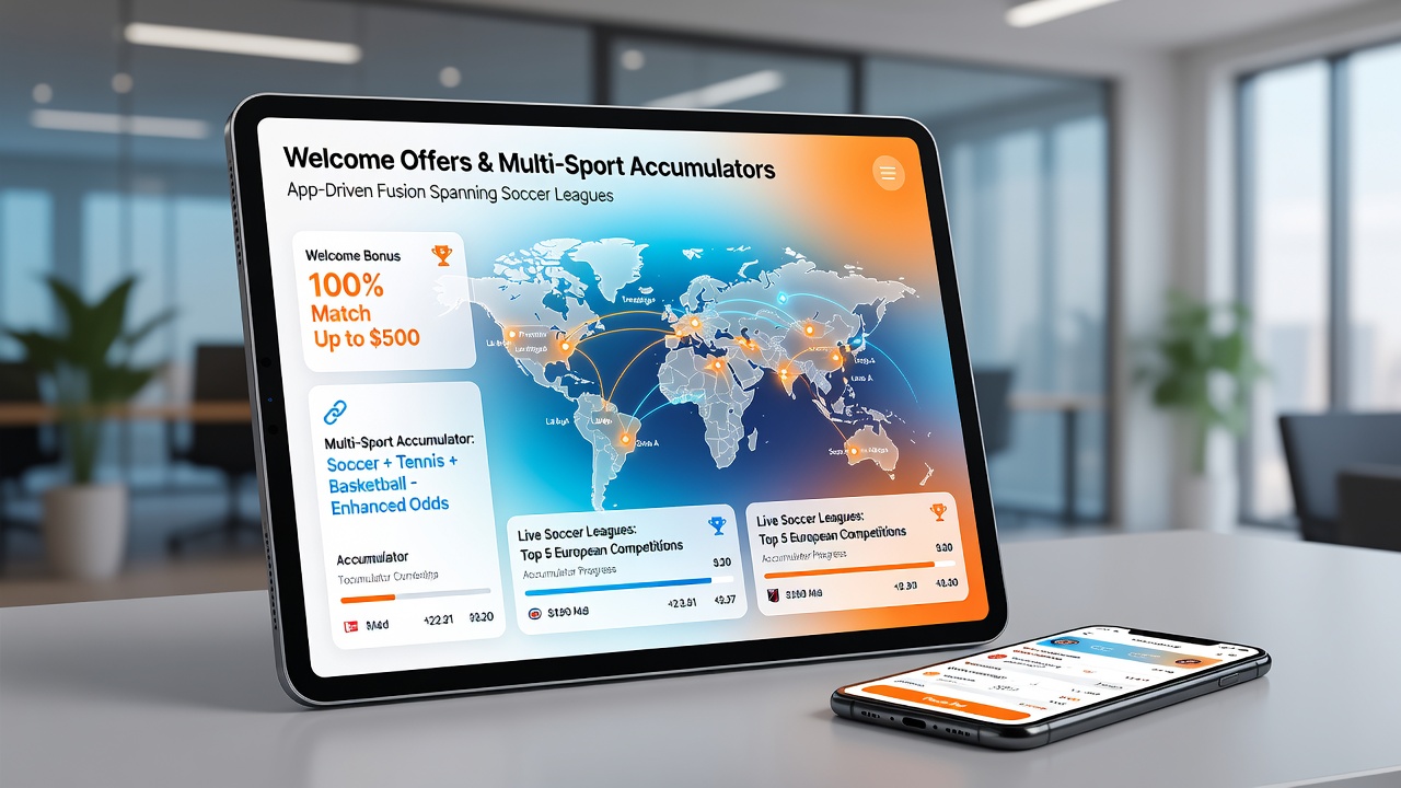 Close-up of a betting app accumulator builder combining horse racing, soccer, and esports selections with bonus indicators
