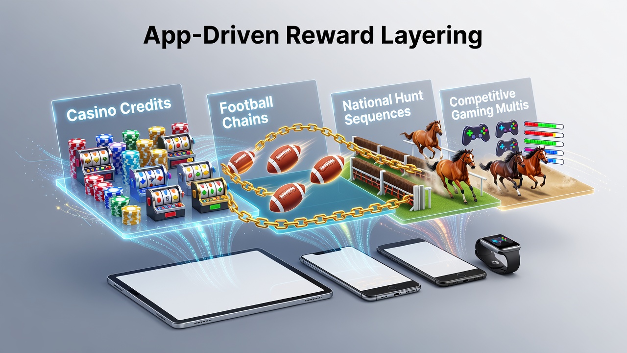 Mobile app screen displaying layered casino credits applied to football accumulators and racing sequences