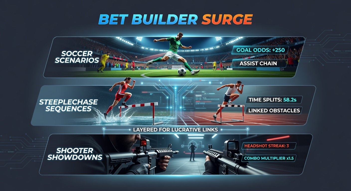 Dynamic bet builder interface showing layered soccer, horse racing, and esports options on a mobile screen, highlighting custom multi-leg combinations for high payouts
