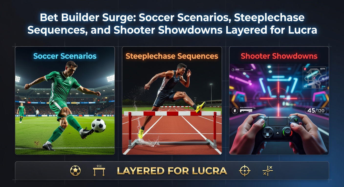 Steeplechase horses leaping hurdles in a dramatic race sequence, overlaid with bet builder options for fence clearances, faller exclusions, and finishing positions