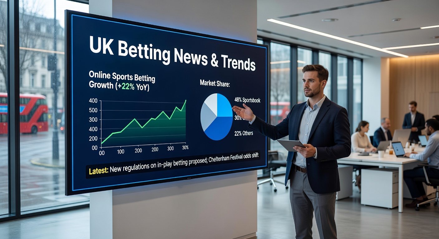 Digital illustration of UK online gambling interface with regulatory icons like locks and charts overlayed on slot machines and casino games
