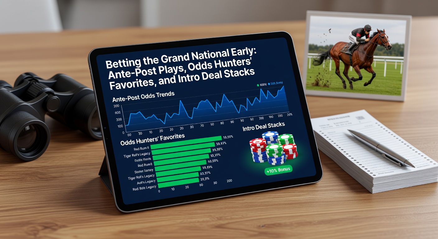 Aintree Racecourse under clear skies with horses thundering towards the famous Becher's Brook fence during a Grand National practice session