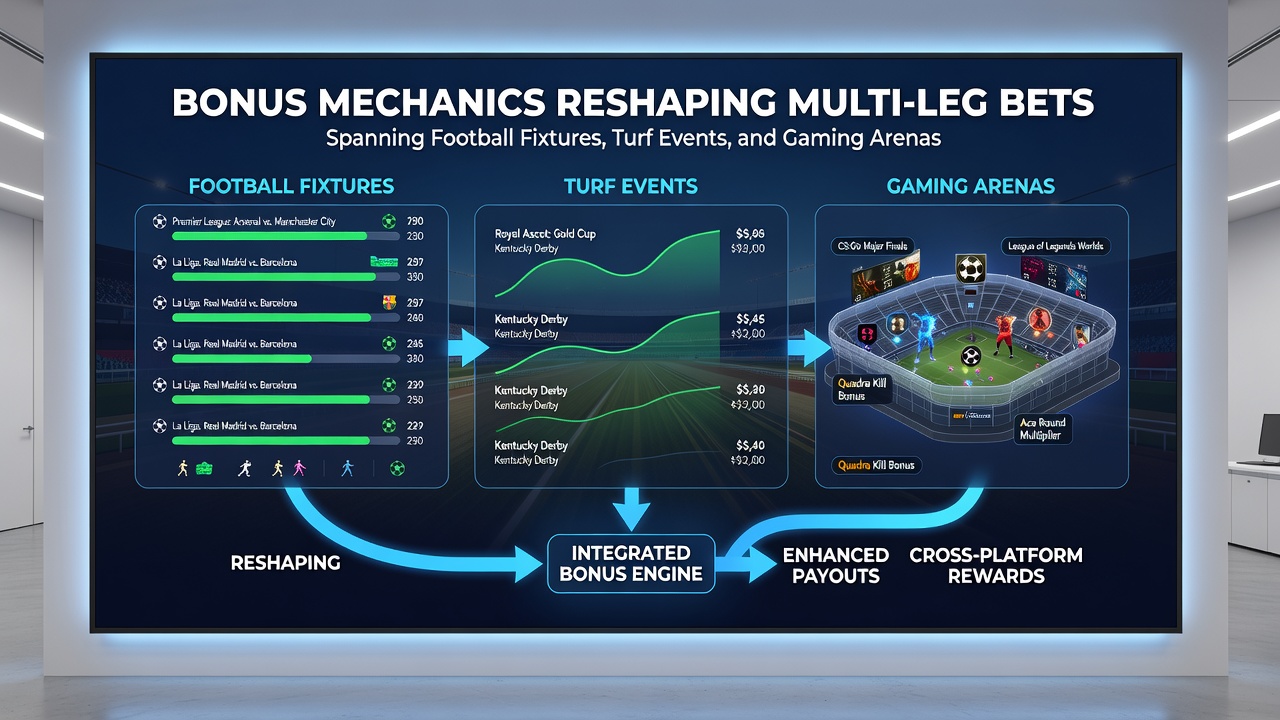 Visual representation of combined accumulator strategies linking soccer, turf racing, and esports betting with active bonus overlays