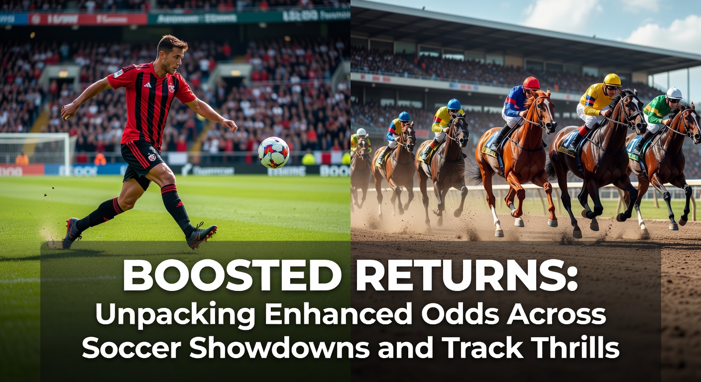 Vibrant stadium scene with soccer players clashing under floodlights alongside a horse racing track packed with thundering hooves, illustrating boosted betting action