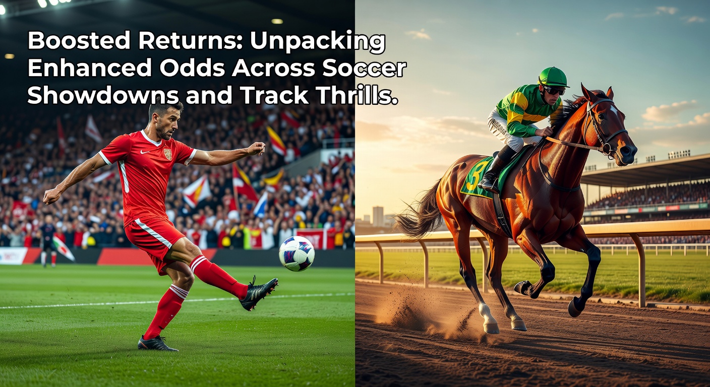 Dynamic split image showing soccer net rippling from a goal and horses charging past the post, symbolizing enhanced odds payouts in sports betting