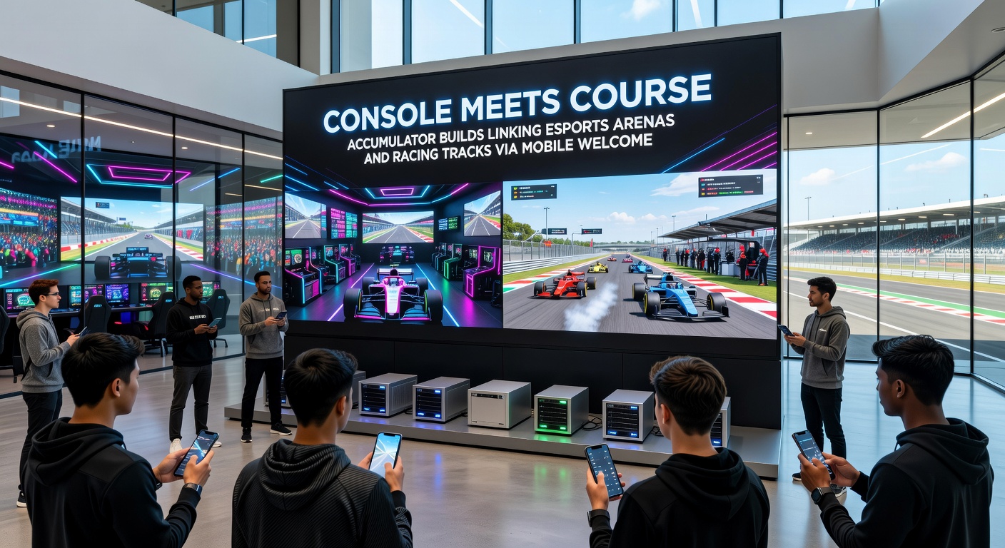 Racing track scene merged with esports arena visuals illustrating accumulator leg connections on mobile screens