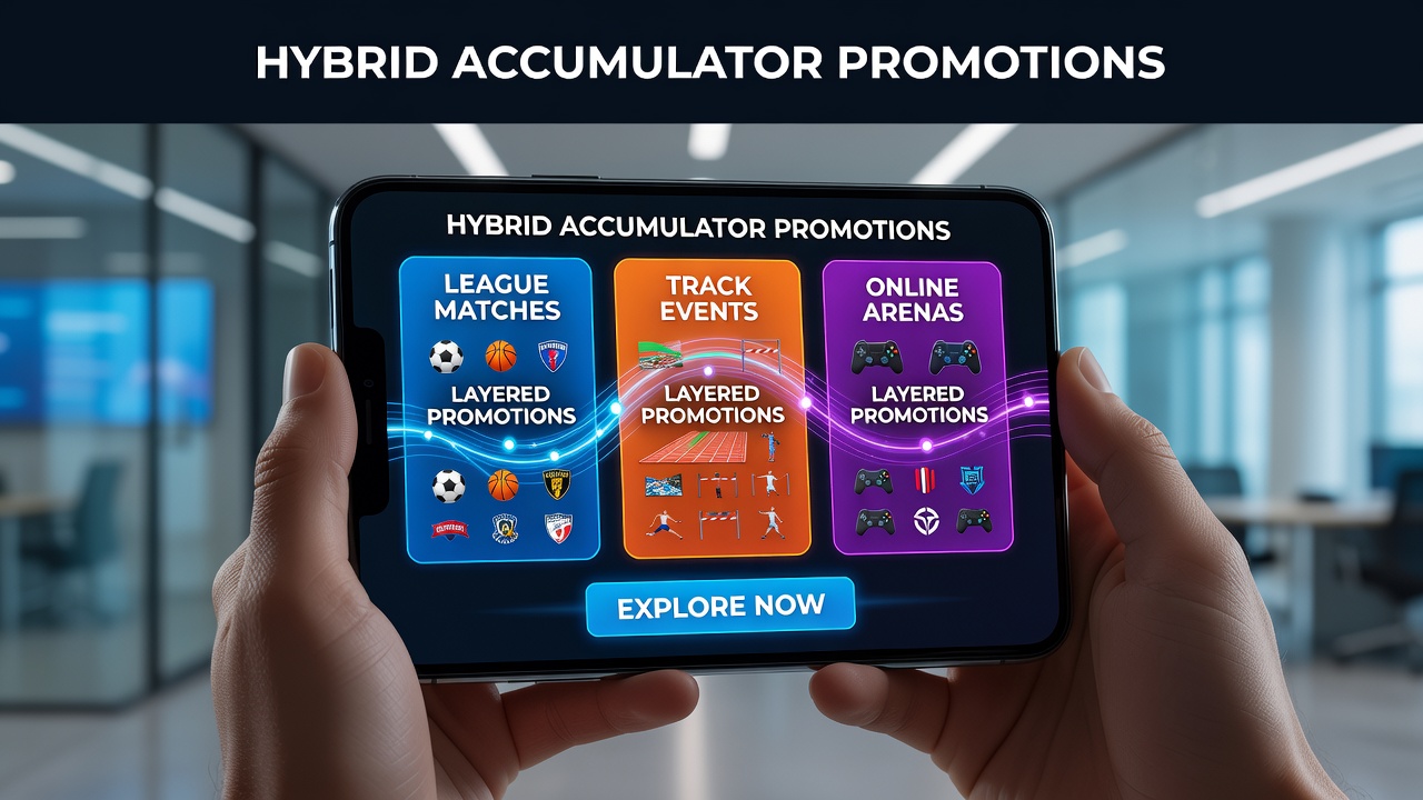 Smartphone screen showing layered promotions for hybrid accumulators combining football, horse racing, and esports bets
