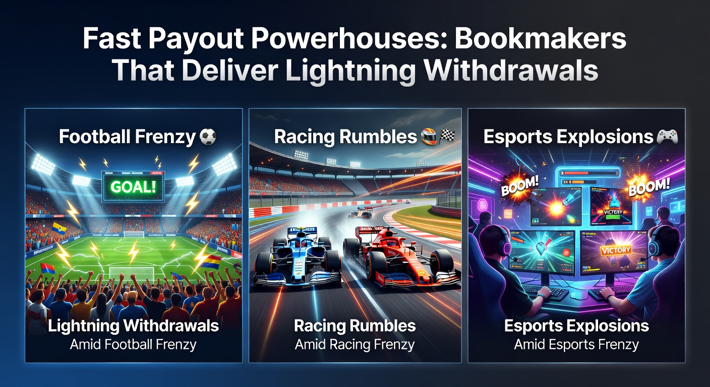 Dynamic graphic showing lightning bolts striking a digital wallet amid soccer balls, racehorses, and esports controllers, symbolizing rapid payout speeds in betting action