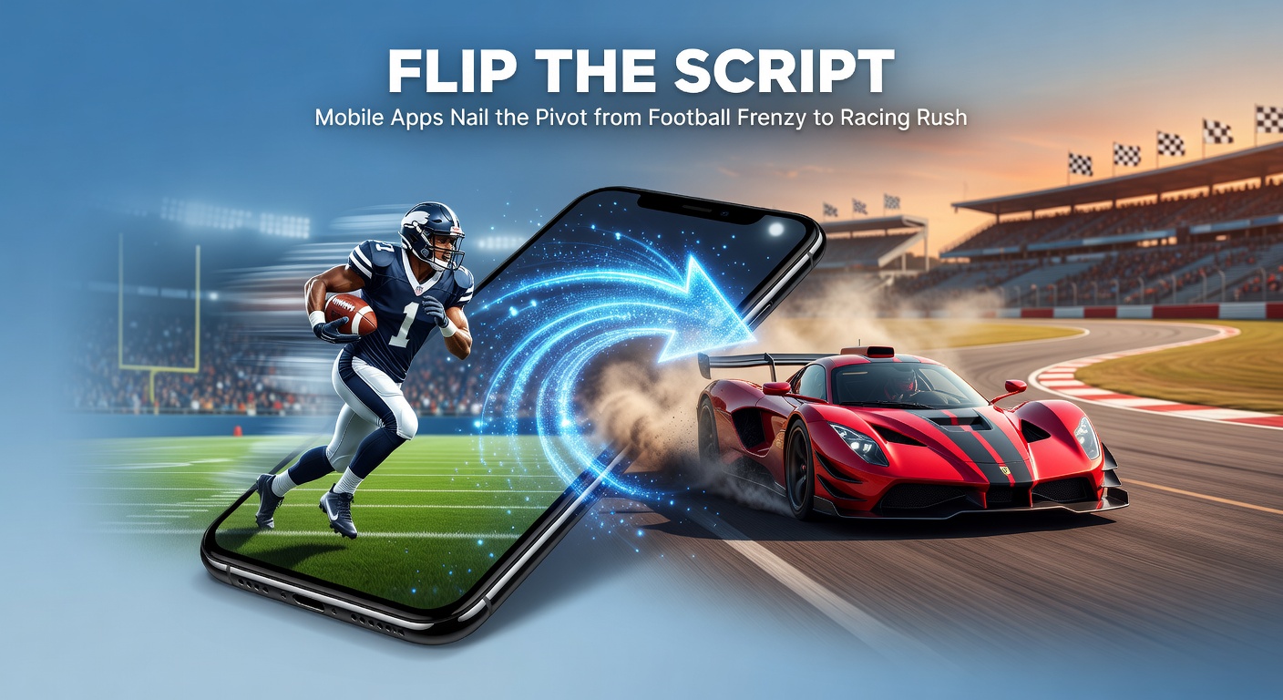 Mobile betting app interface showing soccer match transitioning to horse racing odds on a smartphone screen, highlighting seamless pivot features like promotions and live streams