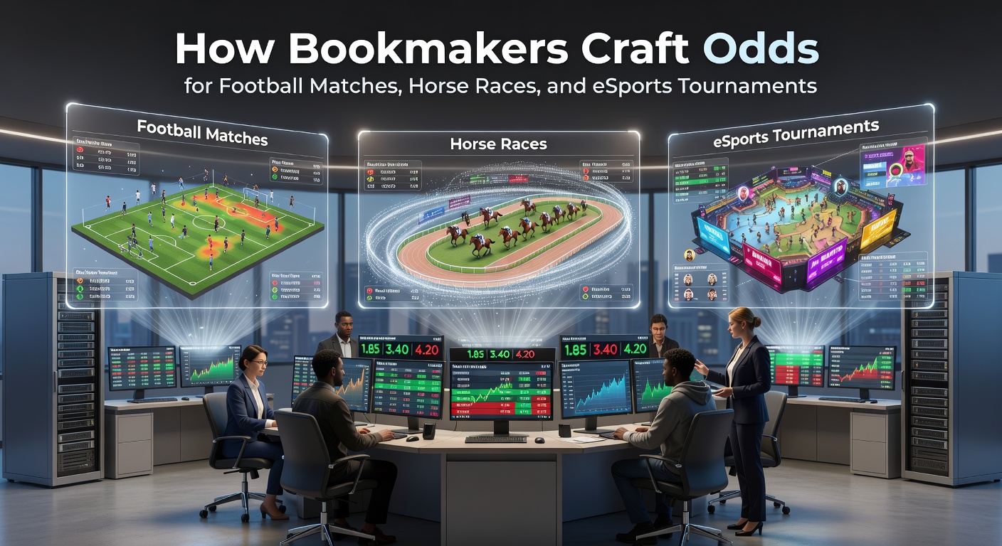 Bookmakers at work analyzing data streams for upcoming soccer match odds, with screens showing statistical models and probability charts