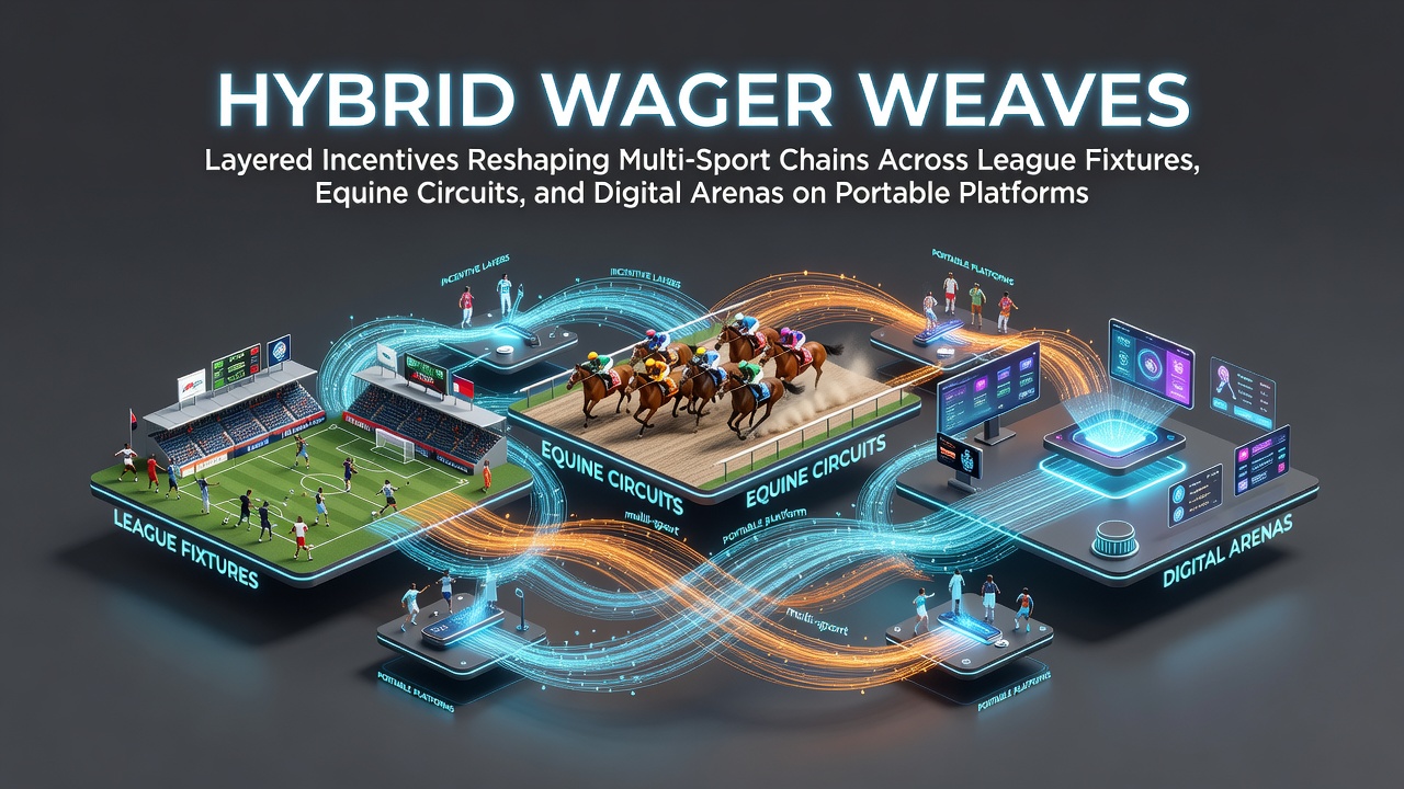 Mobile betting interface showing combined accumulator bets across football leagues, horse racing tracks, and esports tournaments with layered bonus indicators