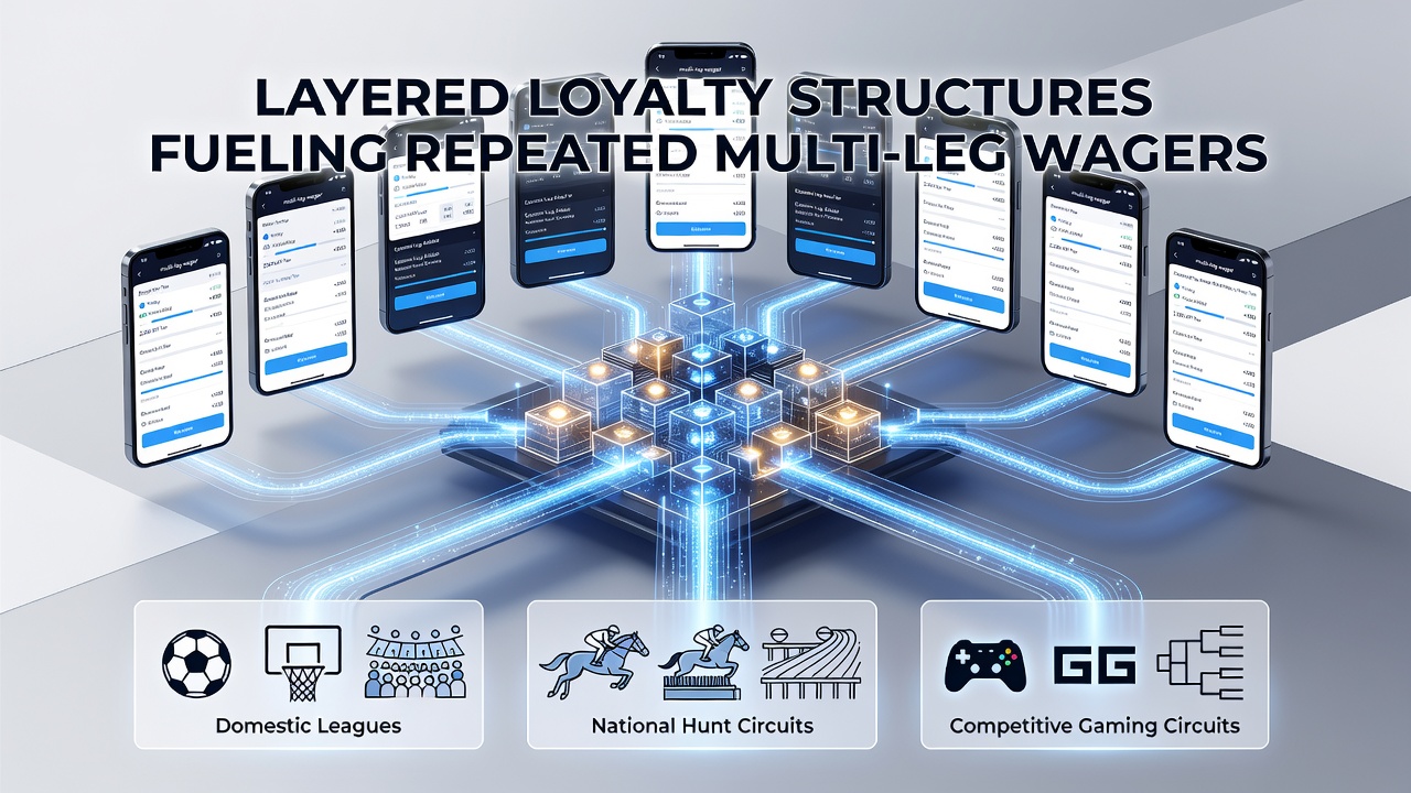 Mobile betting interface showing layered loyalty points and multi-leg accumulator options across sports categories