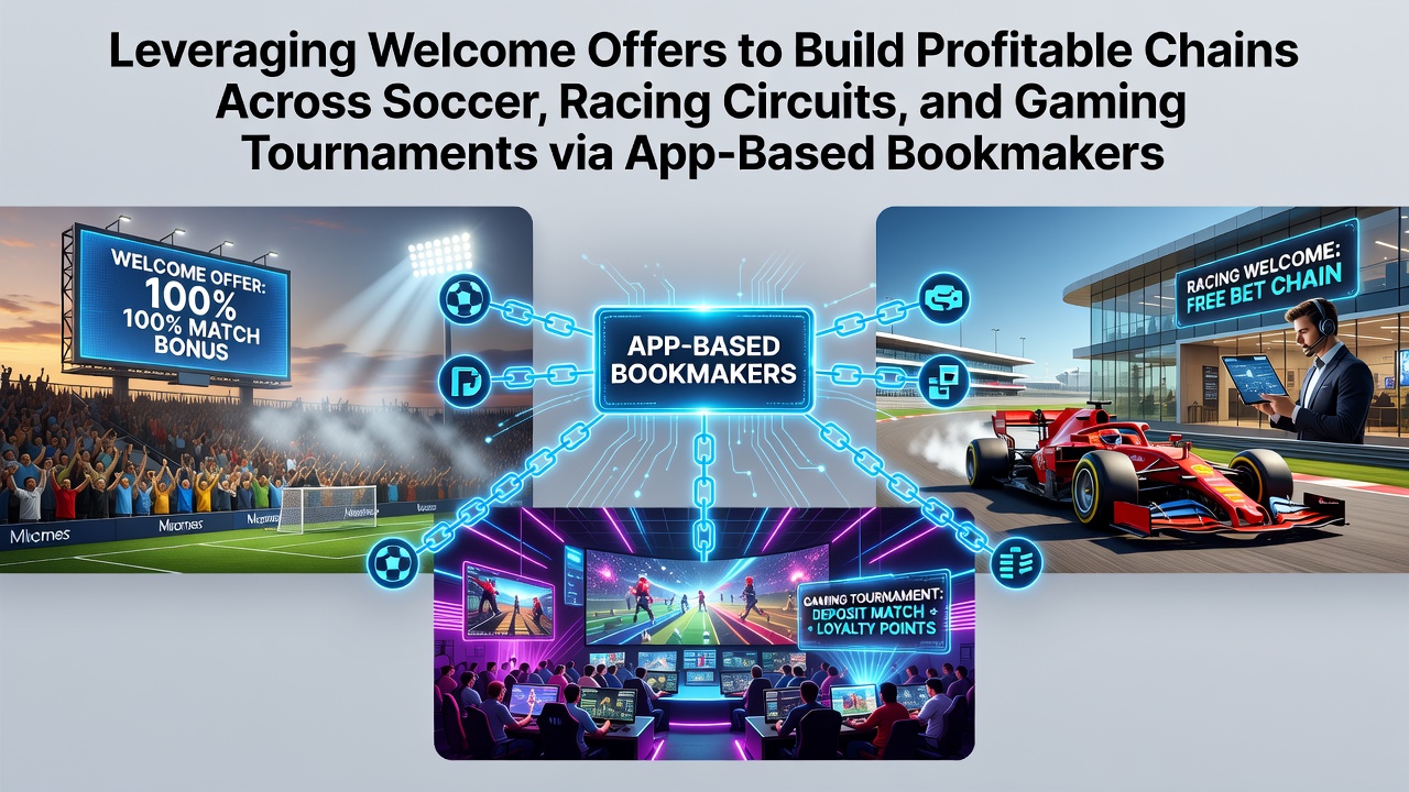 Mobile betting app interface showing accumulator bet options for soccer, racing, and esports events with welcome bonus indicators