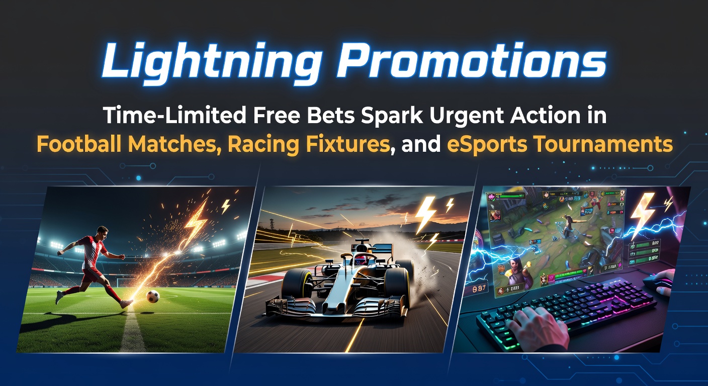 Dynamic split-screen showing a soccer player mid-kick, horses charging down a track, and esports gamers in intense competition, overlaid with flashing timer graphics for free bet promotions
