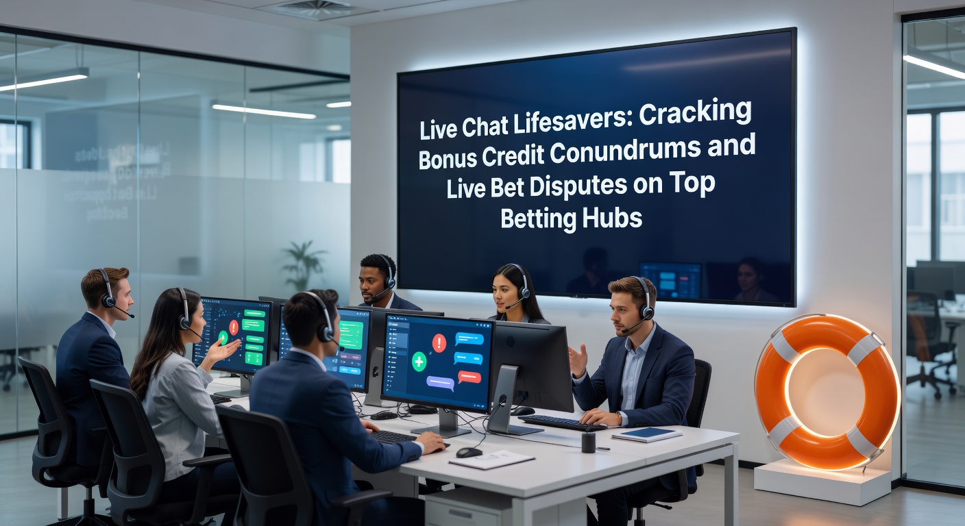 Operators at a betting hub desk engaging in live chat support while screens display active bets and bonus promotions