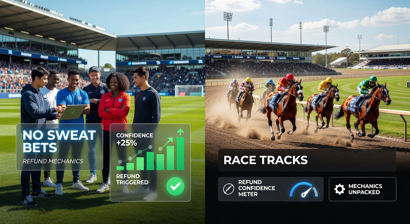 A vibrant stadium scene during a soccer match overlaid with horse racing tracks, highlighting bettors checking their no sweat wagers on mobile screens