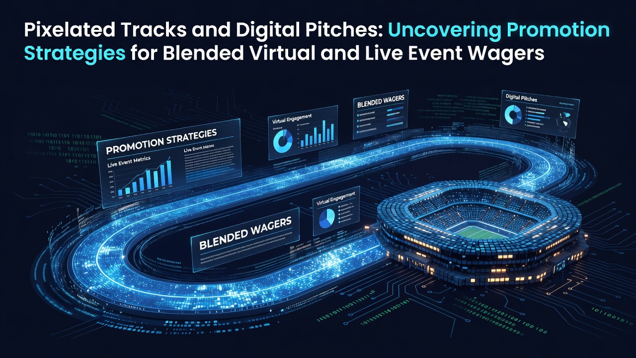 Illustration of blended virtual and live event betting interfaces showing pixelated tracks alongside digital sports pitches with promotional overlays