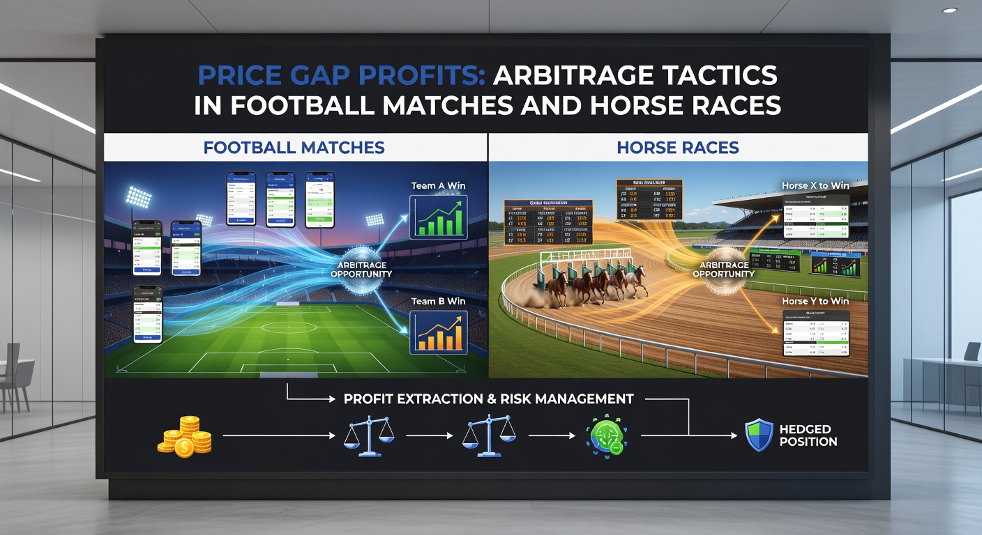 Close-up of a horse racing tote board displaying mismatched odds for favorites and longshots across rival bookmakers, with calculator overlay showing arbitrage calculations