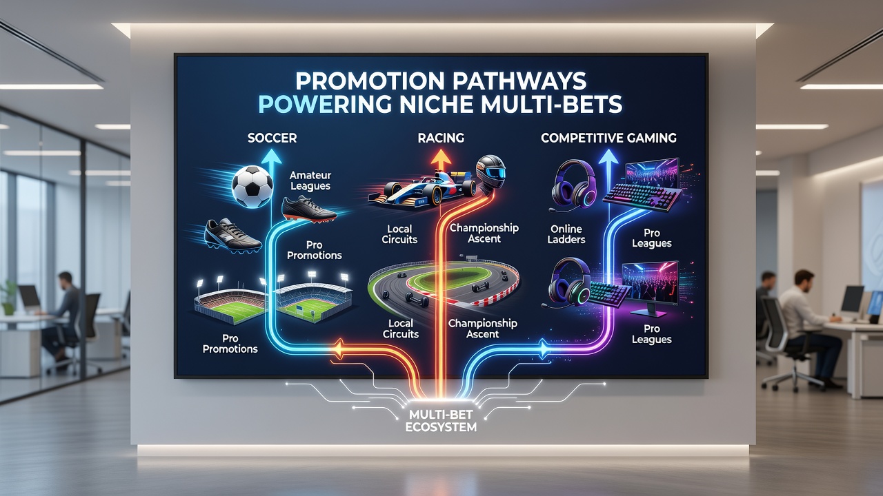 Mobile app interface showing accumulator builder for soccer, racing, and esports bets