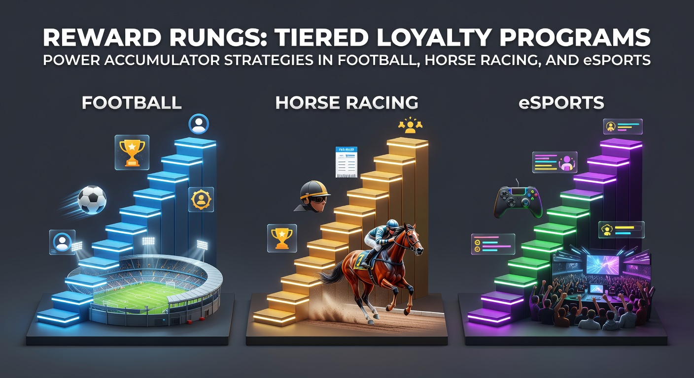 Visual of tiered loyalty program ladder with icons representing soccer, horse racing, and esports accumulator bets climbing towards rewards