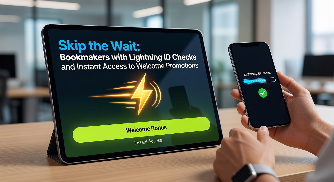 Digital interface showing a seamless ID verification process on a betting app, with a green checkmark confirming instant approval