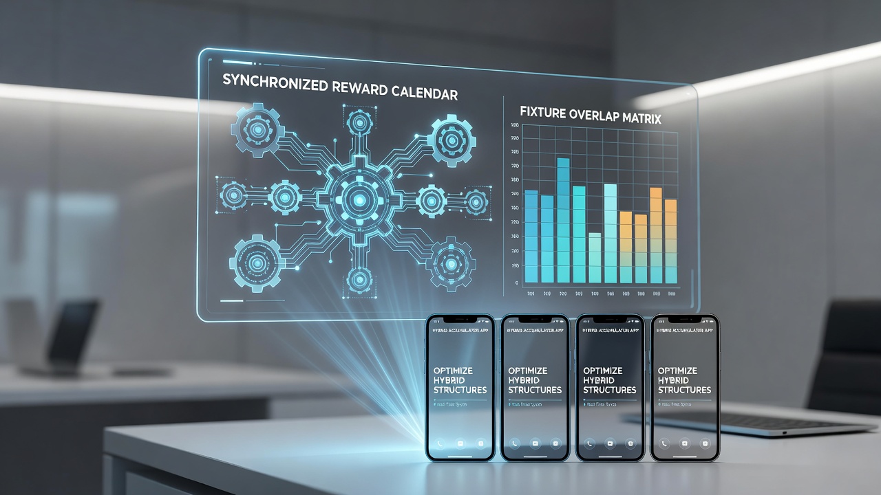 Mobile betting interface showing synchronized reward calendar and overlapping fixtures for hybrid accumulators