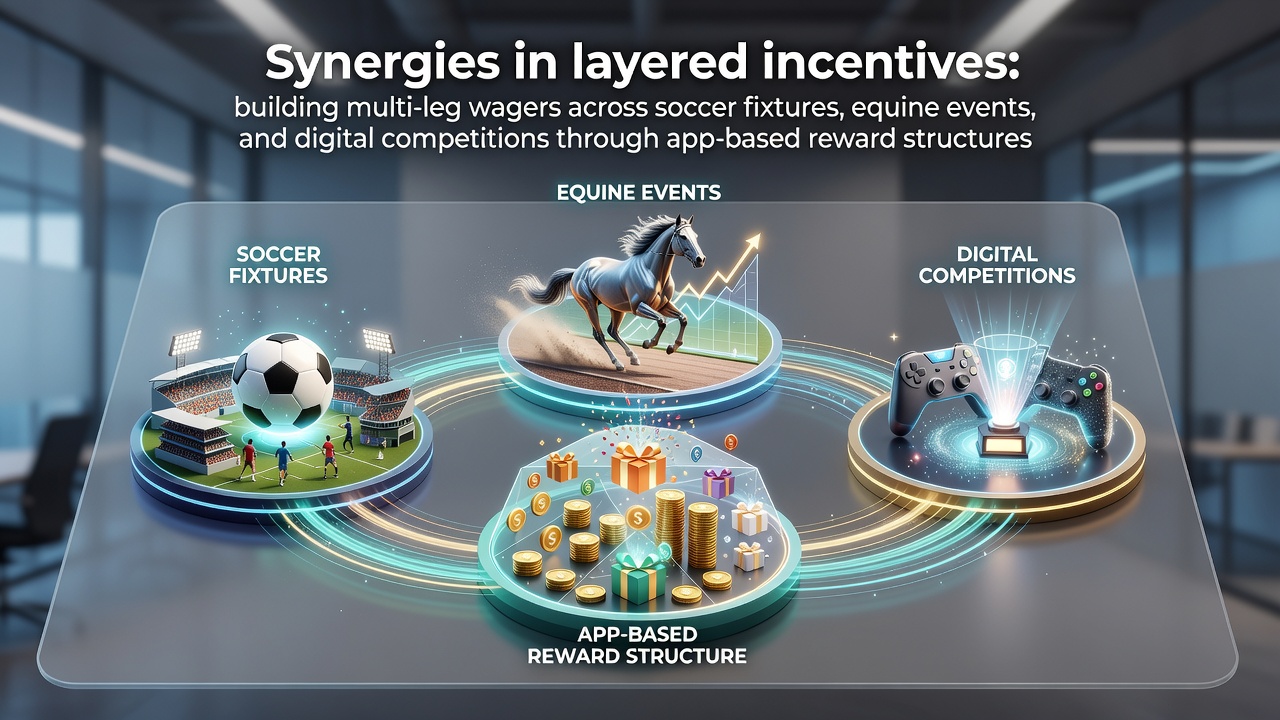 Mobile app interface displaying layered bonus structures for soccer, horse racing, and esports accumulators